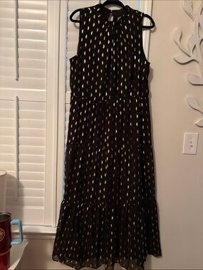 Donna Ricco Black Maxi Dress with Gold Leaf Motif